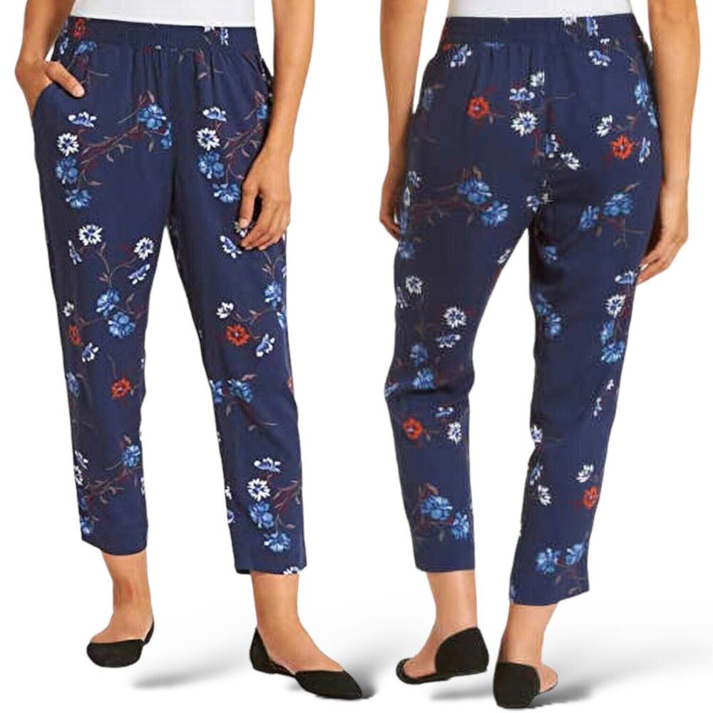 JESSICA SIMPSON Blue Cropped Pants Floral Pull On Banded Waist Relaxed Prairie